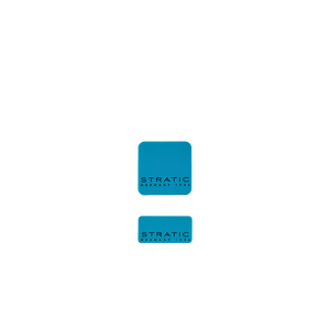 Stratic BUZZ Set aus einer großen und einer kleinen blauen Logo-Tauschplatte mit schwarzem Schriftzug