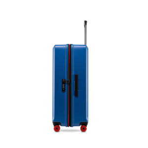 Sicherheit auf Reisen: Seitenansicht des BUZZ Trolleys in Ocean Blue, Größe L, mit dem integrierten, flachen TSA-Zahlenschloss und dem ergonomischen Tragegriff