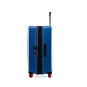 Seitenansicht des BUZZ Trolleys Ocean Blue in L mit praktischer Dehnfalte zur Volumenerweiterung