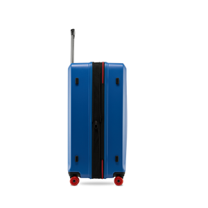 Seitenansicht des BUZZ Trolleys L in Ocean Blue mit Volumenerweiterung und smartem NFC Tag mit Stratic Connect