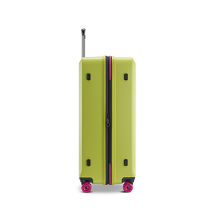 Seitenansicht des BUZZ Trolleys L in Lime Green mit Volumenerweiterung und smartem NFC Tag mit Stratic Connect