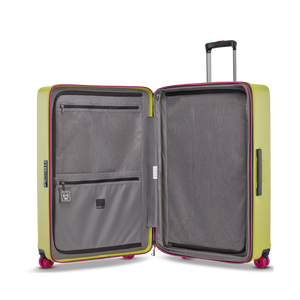 Nachhaltiges Packen: Geöffneter BUZZ Hartschalenkoffer (Lime Green, Größe L) mit der grauen ecosmart RPET-Innenausstattung aus 100% recycelten PET-Flaschen