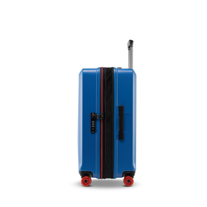 Seitenansicht des BUZZ Trolleys Ocean Blue in M mit praktischer Dehnfalte zur Volumenerweiterung