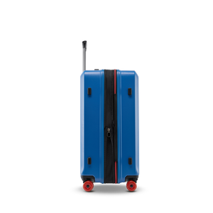 Seitenansicht des BUZZ Trolleys M in Ocean Blue mit Volumenerweiterung und smartem NFC Tag mit Stratic Connect