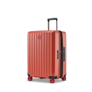Ansicht schräg von vorne mit Dehnfalte beim BUZZ Trolley Rosso Clay in der Größe M mit markantem Rillen-Design