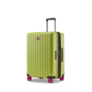 Ansicht schräg von vorne mit Dehnfalte beim BUZZ Trolley Lime Green in der Größe M mit markantem Rillen-Design