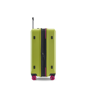 Seitenansicht des BUZZ Trolleys M in Lime Green mit Volumenerweiterung und smartem NFC Tag mit Stratic Connect
