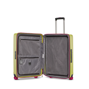 Nachhaltiges Packen: Geöffneter BUZZ Hartschalenkoffer (Lime Green, Größe M) mit der grauen ecosmart RPET-Innenausstattung aus 100% recycelten PET-Flaschen