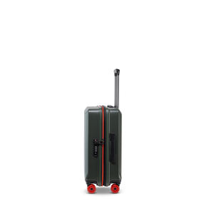 Sicherheit auf Reisen: Seitenansicht des BUZZ Trolleys in Olive, Größe S, mit dem integrierten, flachen TSA-Zahlenschloss und dem ergonomischen Tragegriff