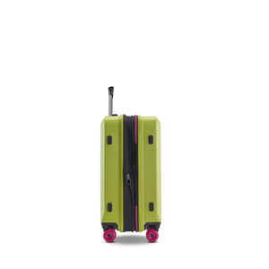 Seitenansicht des BUZZ Trolleys S in Lime Green mit Volumenerweiterung und smartem NFC Tag mit Stratic Connect