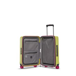 Nachhaltiges Packen: Geöffneter BUZZ Hartschalenkoffer (Lime Green, Größe S) mit der grauen ecosmart RPET-Innenausstattung aus 100% recycelten PET-Flaschen