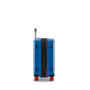 Seitenansicht des BUZZ Trolleys S in Ocean Blue mit Volumenerweiterung und smartem NFC Tag mit Stratic Connect
