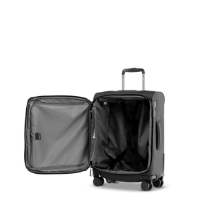 Geöffneter STRATIC BENDIGO LITE Koffer S in Black mit Deckelfach, Innentasche und Packriemen
