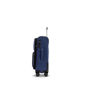 Seitenansicht des STRATIC BENDIGO LITE Spinner-Trolleys S in Navy mit TSA-Zahlenschloss und Tragegriff