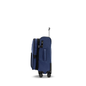Seitenansicht des STRATIC BENDIGO LITE Reisetrolleys S in Navy mit Fach für das Adressschild