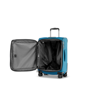 Geöffneter STRATIC BENDIGO LITE Koffer S in Petrol mit Deckelfach, Innentasche und Packriemen