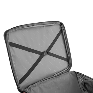 Deckelfach des STRATIC BENDIGO LITE Weichgepäck-Trolleys S mit gekreuzten Packriemen und Steckschnalle