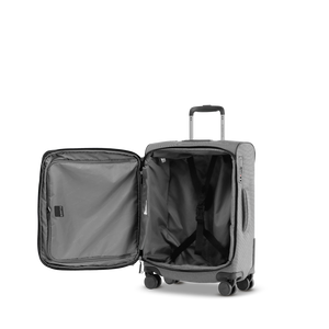 Geöffneter STRATIC BENDIGO LITE Koffer S in Silver mit Deckelfach, Innentasche und Packriemen