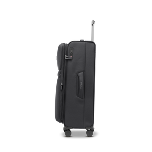 Seitliche Ansicht des LITE Koffers L in black mit gepolstertem Tragegriff für lange Urlaubsreisen