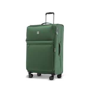 Schräge Frontansicht des leichten Koffers LITE L in dark green für Langzeitreisen (Maße: 78x46x29 cm)