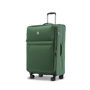Schräge Ansicht des Weichschalenkoffers LITE L in dark green mit erweiterbarer Dehnfalte auf bis zu 102 Liter Volumen