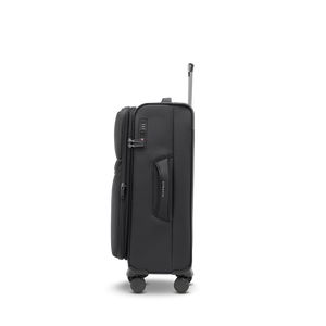 Seitliche Ansicht des LITE Koffers M in black mit gepolstertem Tragegriff für mittellange Reisen