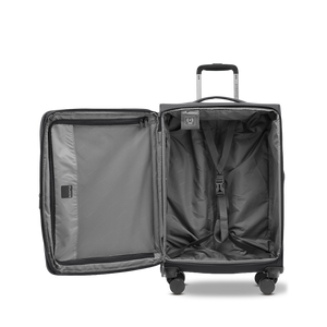 Geöffneter Reisekoffer LITE M (61-68 Liter) mit verstellbarem Kreuzspanngurt zur sicheren Fixierung des Gepäcks