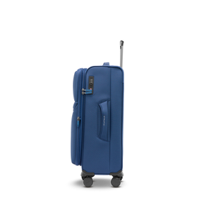 Seitliche Ansicht des LITE Koffers M in blue mit gepolstertem Tragegriff für mittellange Reisen