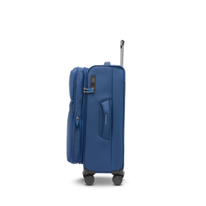Seitenansicht des Medium-Trolleys LITE M in blue mit geöffneter Dehnfalte für flexiblen Packraum