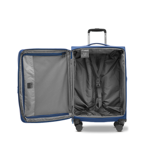 Geöffneter Reisekoffer LITE M (61-68 Liter) mit verstellbarem Kreuzspanngurt zur sicheren Fixierung des Gepäcks