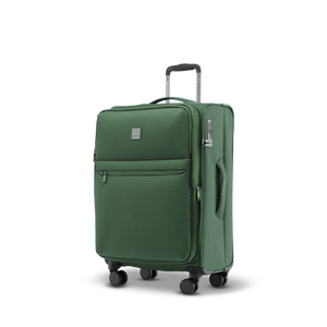 Schräge Ansicht des Weichschalenkoffers LITE M in dark green mit erweiterbarer Dehnfalte auf bis zu 68 Liter Volumen