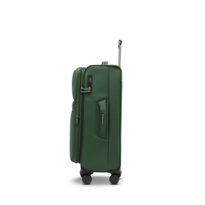 Seitliche Ansicht des LITE Koffers M in dark green mit gepolstertem Tragegriff für mittellange Reisen