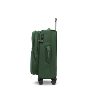 Seitenansicht des Medium-Trolleys LITE M in dark green mit geöffneter Dehnfalte für flexiblen Packraum