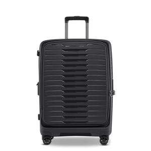 Vorderansicht des Stratic Novium ML Trolley M in Black Koffers mit innovativer Frontöffnung aus robuster ODSL-Hartschale