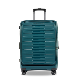 Vorderansicht des Stratic Novium ML Trolley M in Petrol Koffers mit innovativer Frontöffnung aus robuster ODSL-Hartschale