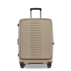 Vorderansicht des Stratic Novium ML Trolley M in Sand Koffers mit innovativer Frontöffnung aus robuster ODSL-Hartschale
