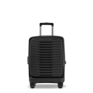 Vorderansicht des Stratic Novium ML Trolley S in Black Handgepäck-Koffers mit innovativer Frontöffnung aus robuster ODSL-Hartschale