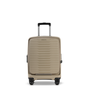 Vorderansicht des Stratic Novium ML Trolley S in Sand Handgepäck-Koffers mit innovativer Frontöffnung aus robuster ODSL-Hartschale