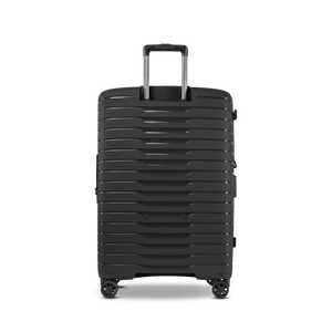 Rückansicht des NOVIUM SL Trolley L in Black mit Fokus auf das verstärkte Design und die leichtgängigen Doppelrollen