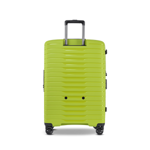 Rückansicht des NOVIUM SL Trolley L in Lime Green mit Fokus auf das verstärkte Design und die leichtgängigen Doppelrollen