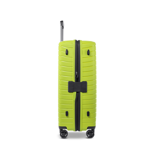Seitenansicht des NOVIUM SL Trolley L in Lime Green mit geschlossenem Reißverschluss und stabilem Profil