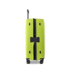 Seitenansicht des NOVIUM SL Trolley L in Lime Green mit geöffneter Dehnfalte für maximal erweiterbares Packvolumen