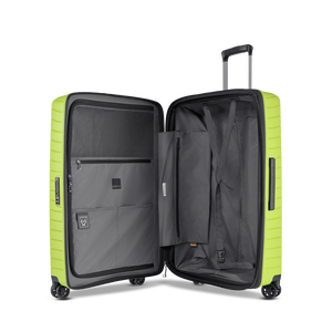 Geöffneter NOVIUM SL Trolley L Reisekoffer zeigt das XXL-Innenvolumen mit beidseitiger Packmöglichkeit, Gurten und Trennwand