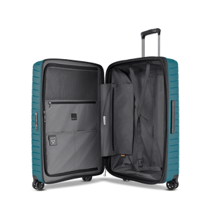 Geöffneter NOVIUM SL Trolley L Reisekoffer zeigt das XXL-Innenvolumen mit beidseitiger Packmöglichkeit, Gurten und Trennwand