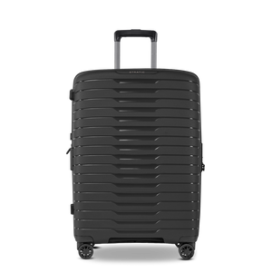 Frontansicht des NOVIUM SL Trolley M in Black - robuster, mittelgroßer Reisekoffer mit moderner Hartschale