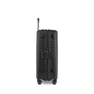 Seitenansicht des NOVIUM SL Trolley M in Black mit geschlossenem Reißverschluss und kompaktem Profil