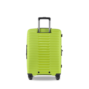 Rückansicht des NOVIUM SL Trolley M in Lime Green mit Fokus auf das robuste Design und das stabile Rollensystem