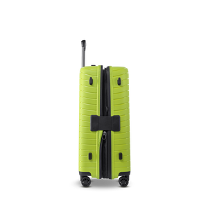 Seitenansicht des NOVIUM SL Trolley M in Lime Green mit geöffneter Dehnfalte für flexibel erweiterbares Packvolumen