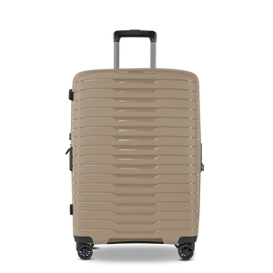 Frontansicht des NOVIUM SL Trolley M in Sand - robuster, mittelgroßer Reisekoffer mit moderner Hartschale