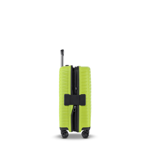 Seitenansicht des NOVIUM SL Trolley S in Lime Green mit geöffneter Dehnfalte für erweitertes Packvolumen